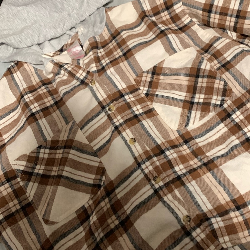 Brown and white plaid jacket with hood